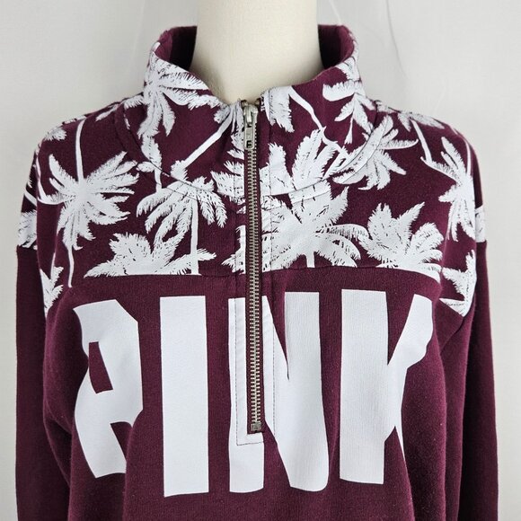 Victorias Secret PINK Maroon Half Zip Mockneck Sweatshirt Palm Print  Size Large - Picture 4 of 8